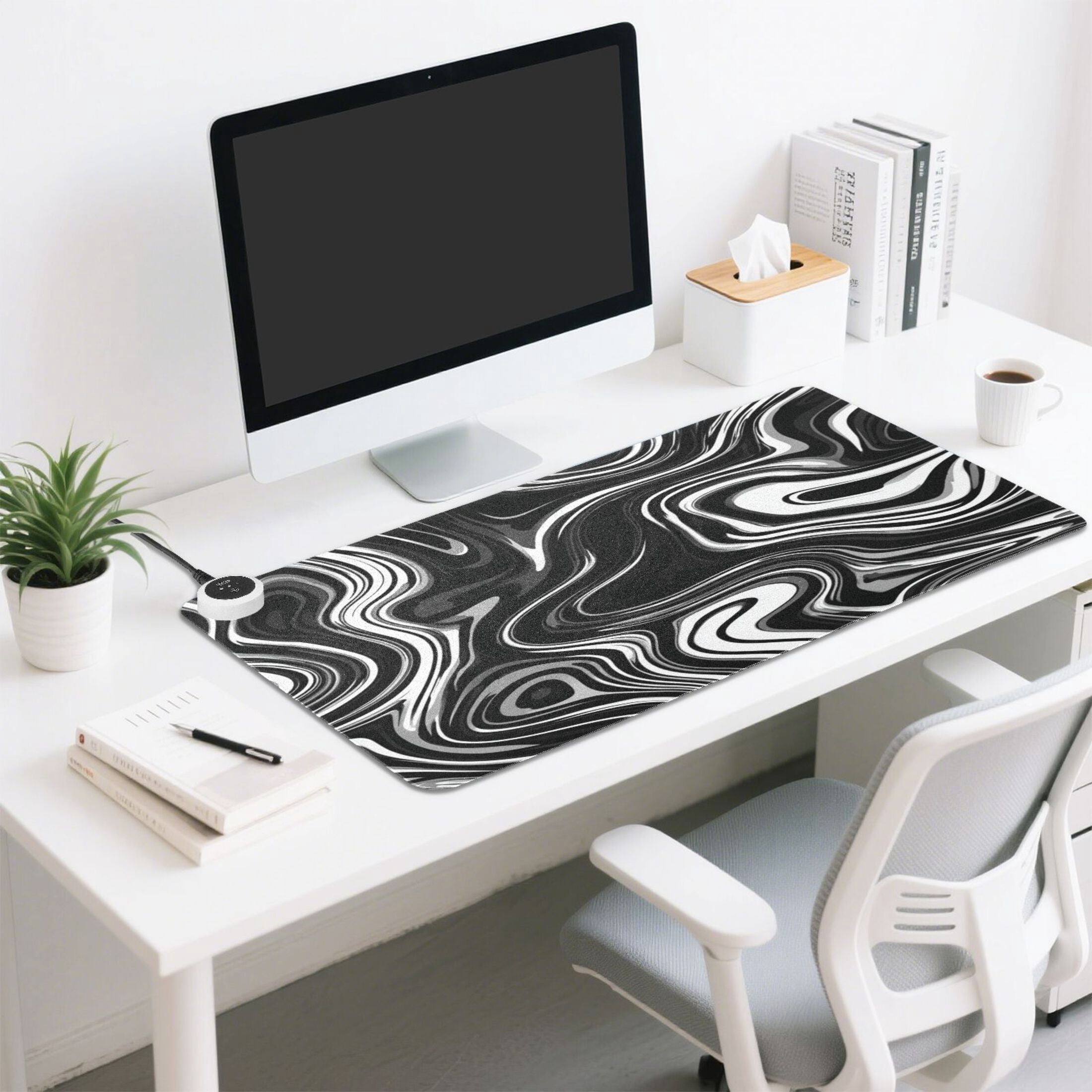 Large Heated Desk Mat Mouse Pad 31.5"x13"PU Leather Graphene Heating Desk Warmer with 3 Temperature Settings 110V US Plug Non-Slip Warm Pad for Home, Office, and Gaming Matte Black Flowing Lines