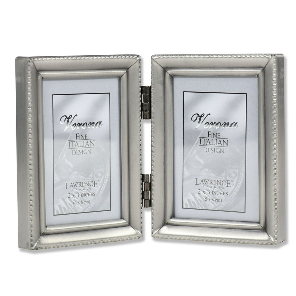 Antique Pewter Hinged Double 2x3 Picture Frame Beaded Edge Design