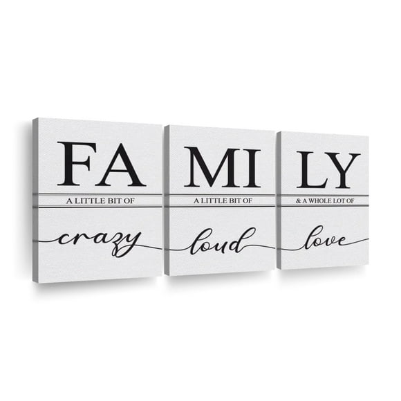 Elephant Stock Crazy Loud Love Family Sign Multi Piece Canvas - 3 Panel Family Typography Decor - Family Sign Dining Room Wall Art - Home and Family Wall Art Typography - 38" X 18"