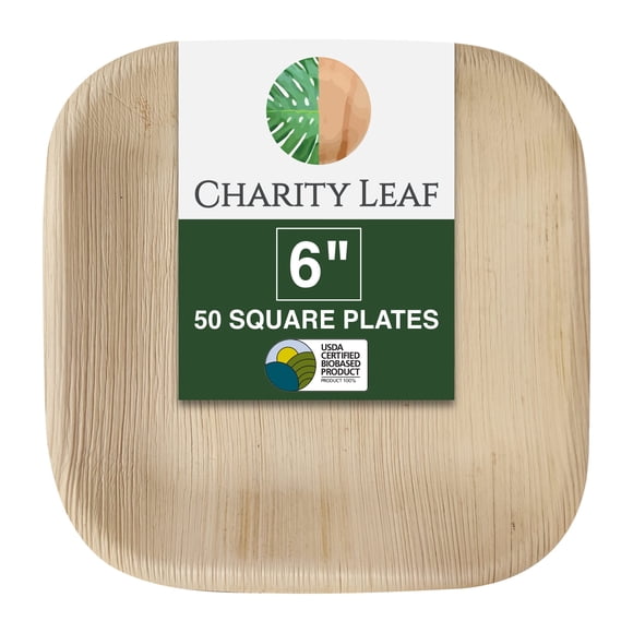 Charity Leaf Assiettes Carrées Jetables en Feuille de Palmier 6 Pouces (50 Pcs) Plats de Service en Bambou, Planches Jetables, Vaisselle Écologique pour Mariages, Restauration, Événements