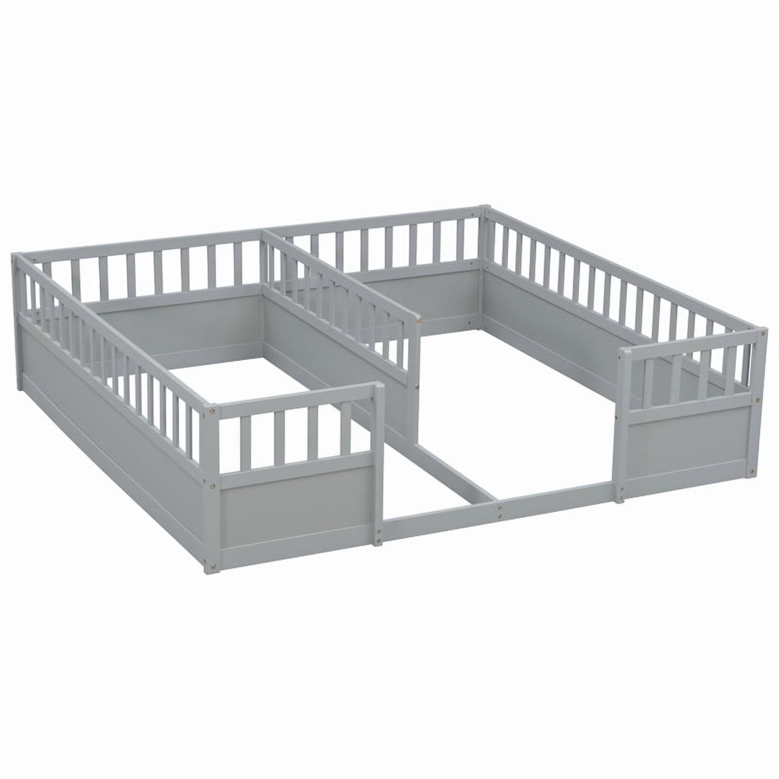Twin Size Horizontal Floor Bunk Bed Frame with Semi-Enclosed Safety Guardrails, Wood Low Profile Kids Bed with Open Entrance
