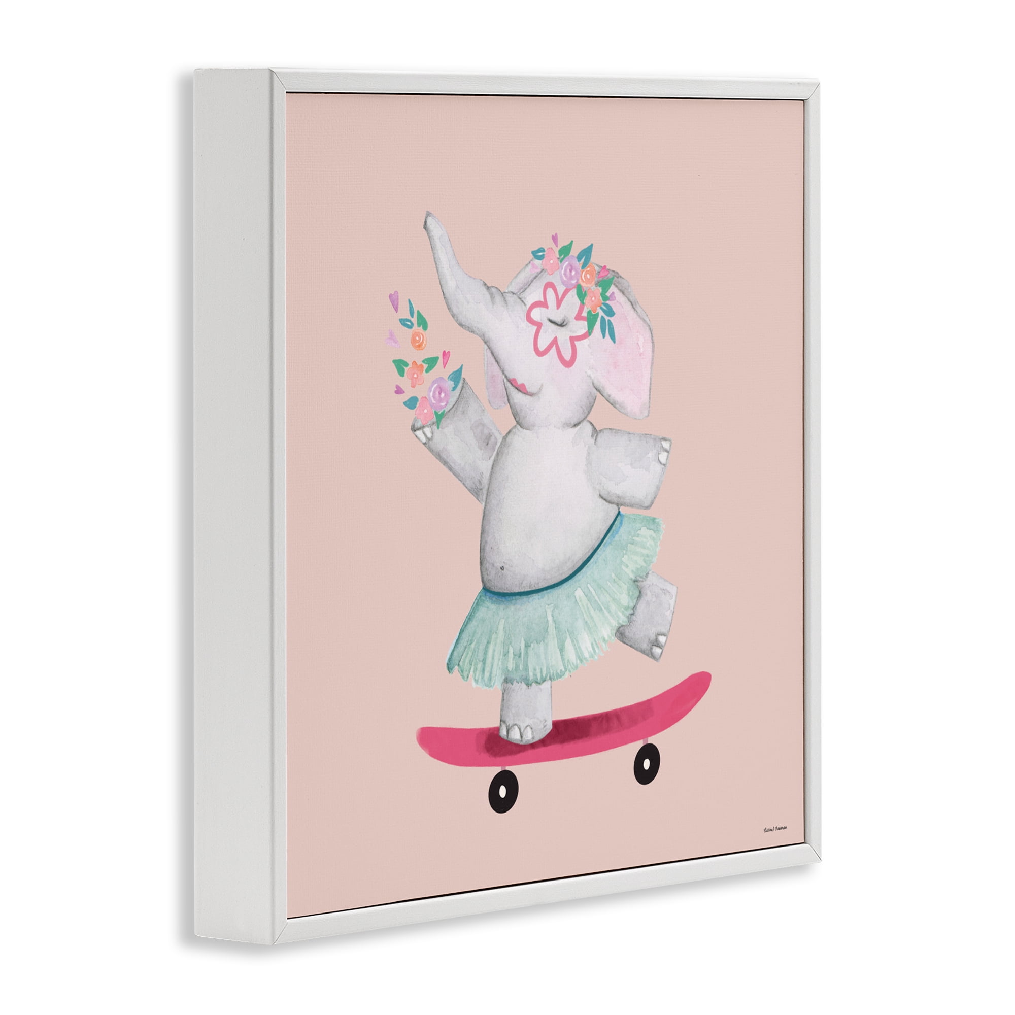 Stupell Industries Skateboarding Elephant with Flowers White Framed Giclee Art, design by Rachel Nieman
