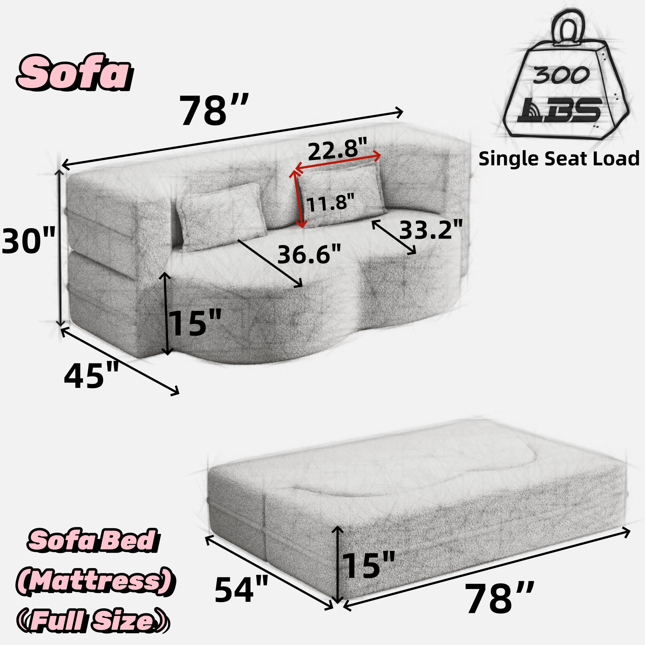 Aukfa 2-in-1 Convertible Couch Bed with 2 Pillows, Folding Floor Couch, 15" Full Size Bed Mattress, Memory Foam Sleeper Sofa Bed, Pink