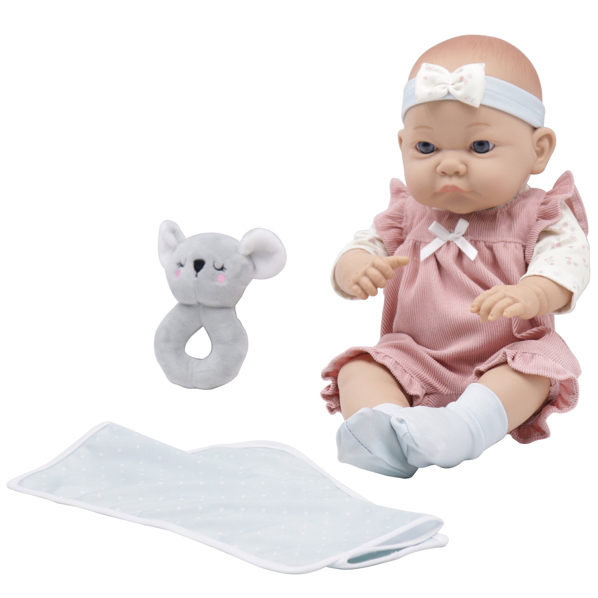 Baby Dreami: 16" Newborn Baby Doll Set - Pink Romper & White Headband, Gray Plush Koala Play Rattle, Swaddle Blanket, Soft Body Toy, Kids-Toddlers 2+