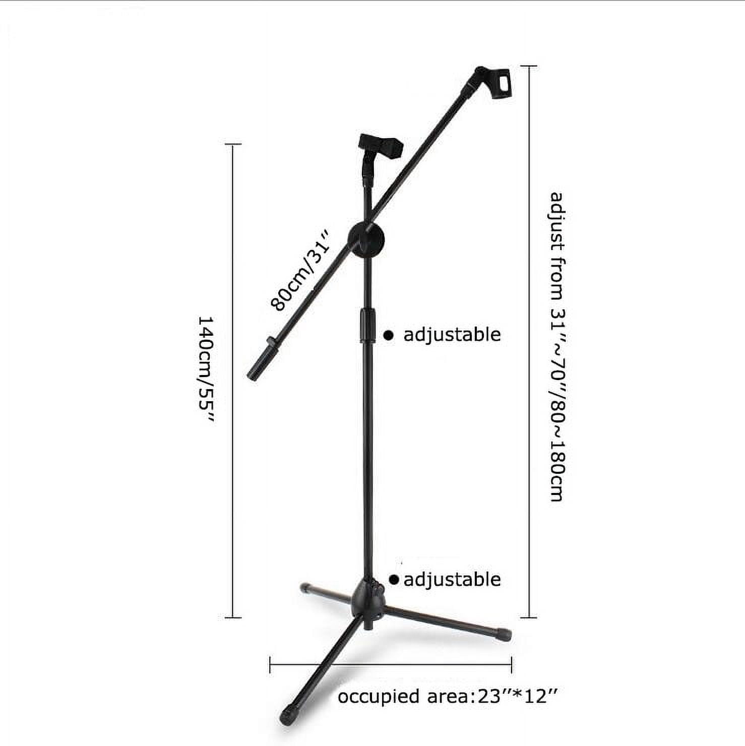 INTBUYING Microphone Stand Tripod Boom with Extending Boom Arm and Dual Mic Holder Clip Adjustable Collapsible Black