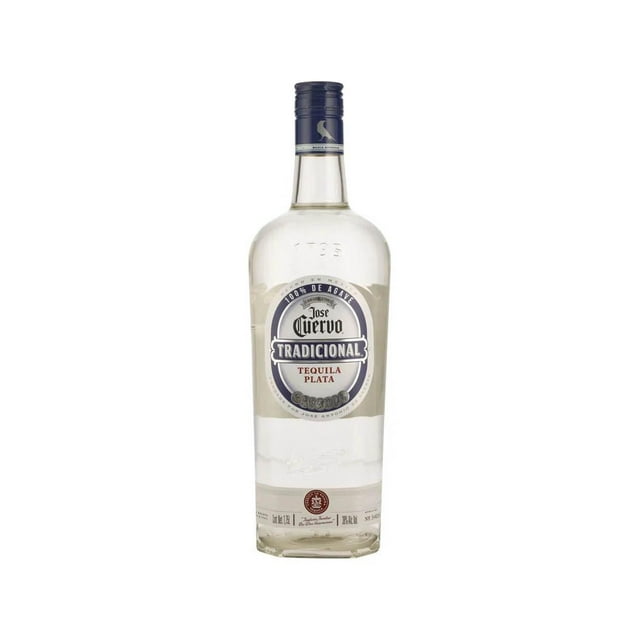 pack de 2 tequila jose cuervo tradicional plata 1.75 l botella frontal con etiqueta ovalada blanca y azul que dice Jose Cuervo Tradicional Tequila Plata, cuello con sello azul y tapón; a menudo usado en coctelería.