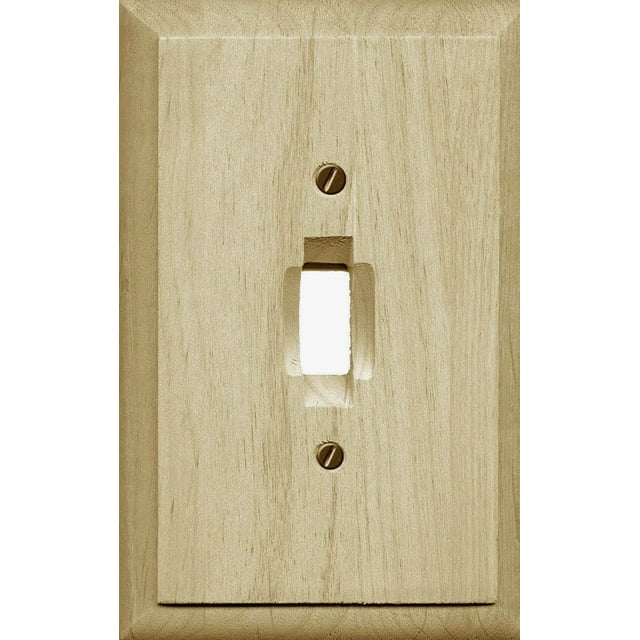 Atron Electro Industries Traditional Unfinished Wood Toggle Wall Plate in a front-facing view, made of natural unfinished wood with visible grain texture, featuring a single toggle switch opening and two mounting screws, ideal for easy installation and customization including painting or staining to match home décor.