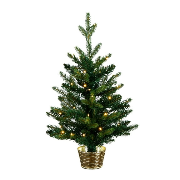 Nearly Natural 2ft. Pre-Lit Artificial Classic Christmas Tree with 35 Warm White LED Lights in Gold Decorative Planter