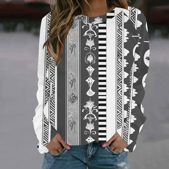 HOMBOM Crew Neck Women Fall Sweatshirt Ethnic Retro Style Gray Lightweight Long Sleeve Pullover Casual Soft Sweatshirt 2XL