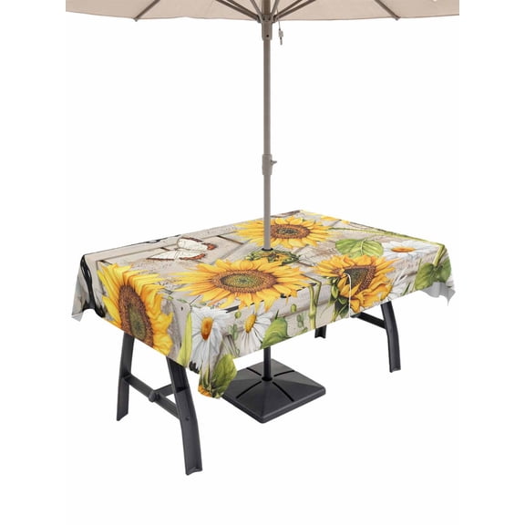 Farm Flowers Outdoor Tablecloth - 60x84 Inch Rectangle Dining Table Cover, Retro Sunflowers Barn Doors Butterfly Wood Board Waterproof Outdoor Table Cloth with Umbrella Hole & Zipper for Picnic/Patio