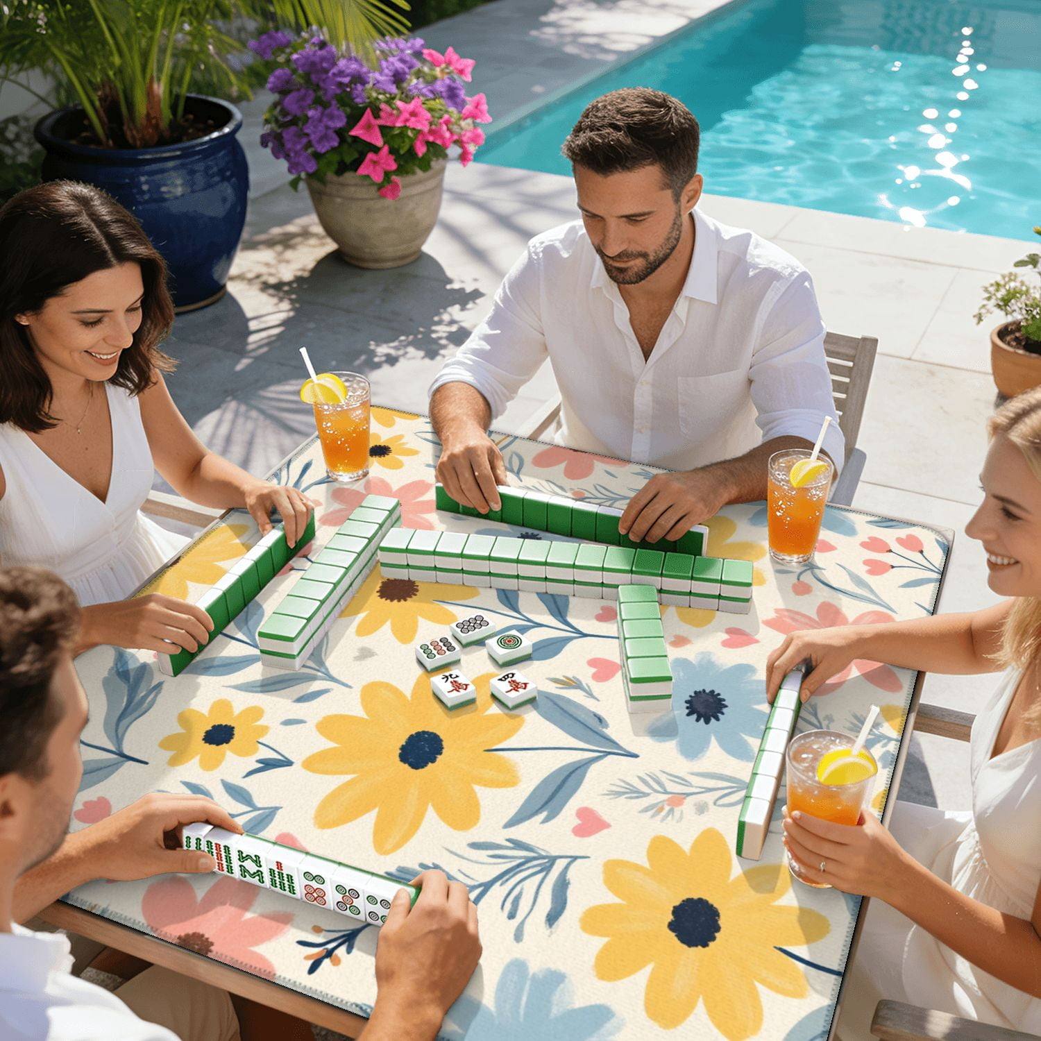 Mahjong Mat 31.5" x 31.5" Floral Seamless Yellow Blue Daisies Pink Flowers Leaves Hearts Soft Non-Slip Noise Reduction American Mahjong Tiles Table Cover for Dominoes Poker Card Board Games Gift