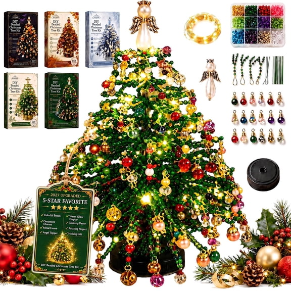 DIY Beaded Christmas Tree Kit with Lights, Handmade Mini Desk Xmas Bead Art, Create Your Own Sparkling Holiday Decoration, 3D Crystal Bead Christmas Tree Making Kit