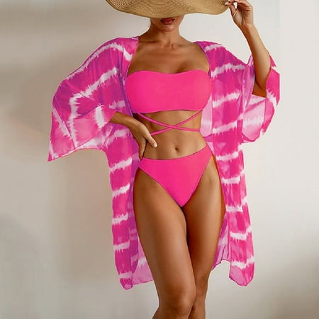 Tawop Swim Suits for Women Cover Swimsuit 3 Piece Cover Up Bikini Summer Womens Swimsuits Clearance Hot Pink L