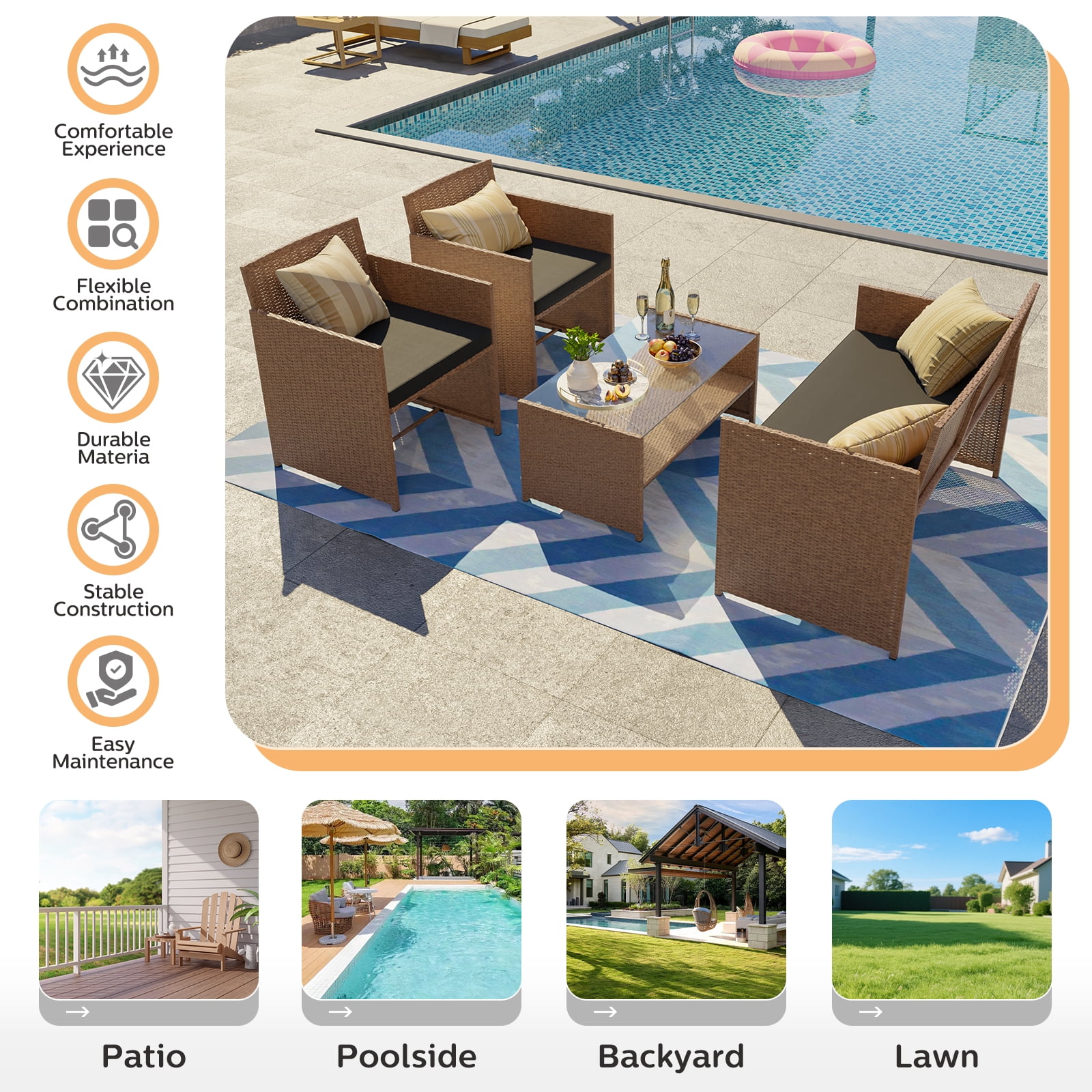 ELPOSUN Patio Furniture 4 Pieces Outdoor Wicker Rattan Chair Balcony Conversation Sets Porch Furniture Sectional Loveseat w Cushions and Table for Backyard Pool Garden (Black)