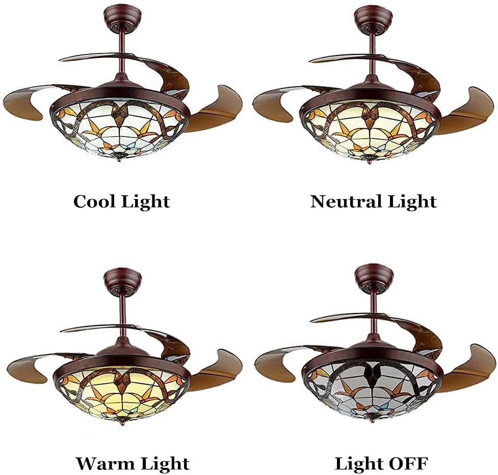 AFANQI 42” Tiffany Style Ceiling Fan with Light, Remote Control Classic LED Chandelier Retractable Blades 3 Light Changes Fandelier Lighting Fixture with Craft-Made Colorful Glass Lamp