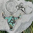 thumbnail image 1 of [ Keychain] Flower Embossed Cowhide Shiny Crystal Bull Head Western Style Bag Charm Unique Accessory, 1 of 3