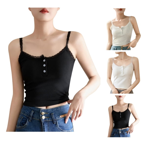 Bixock Tank Tops for Womens Sleeveless Lace Camisole Crew Neck Button Casual Cotton Layering Cami Top Loungewear Daily Home Clothes