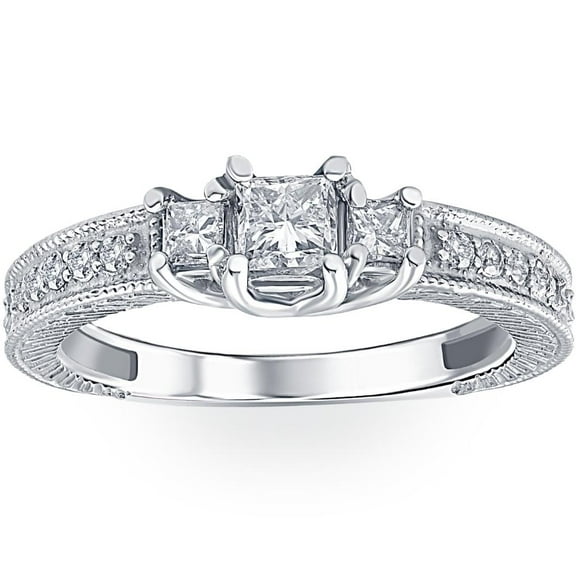 Pompeii 1/2ct Vintage Three Stone Princess Cut Diamond Engagement Ring 14K White Gold