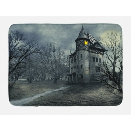 Teal Kitchen Mat Halloween Bath Mat, Halloween Design with Gothic Haunted House Dark Sky and Leafless Trees Spooky Theme, Non-Slip Plush Mat Bathroom Kitchen Laundry Room Decor, 29.5 X 17.5 Inches, Teal, Ambesonne ()