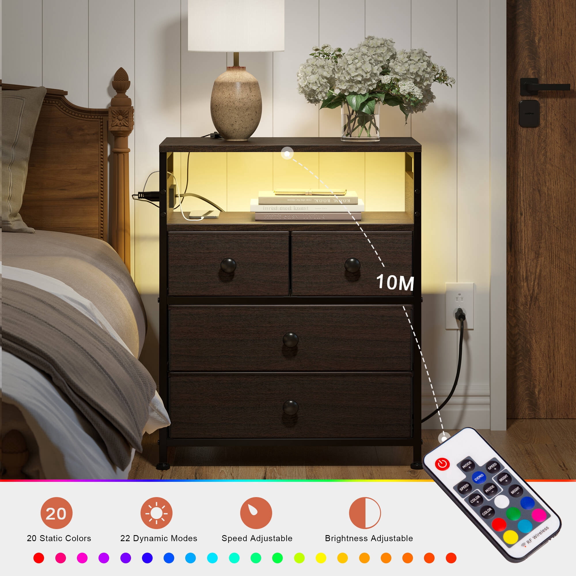 GUNAITO Led Nightstand Set of 2 with 4 Drawers Bedside Table with Charging Station Wide End Table with Storage Shelf for Living Room,Brown