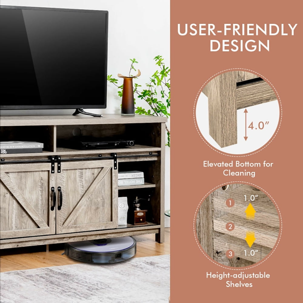 Finihen TV Stand, TV Cabinet, 59 Inch Sliding Barn Door TV Stand with Adjustable Shelves for TVs up to 65 Inch, for Living Room, Bedroom, Light Brown