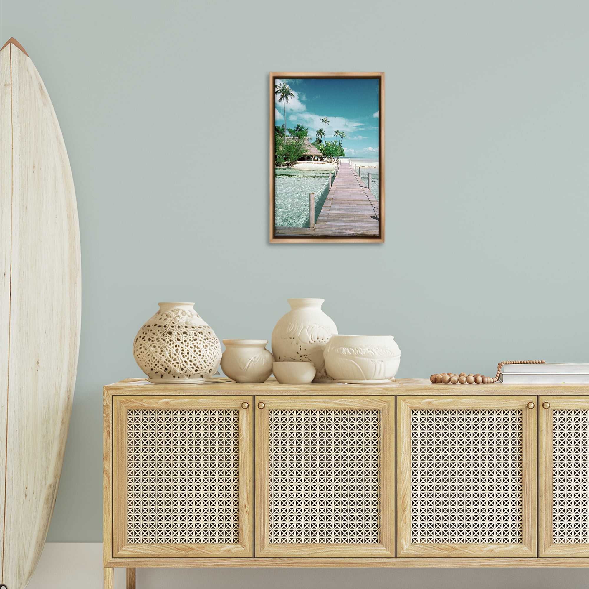 Stupell Industries Tropical Bungalow Bridge Nautical & Beach Photography Brown Floater Framed Canvas Art Print Wall Art, 17 x 25