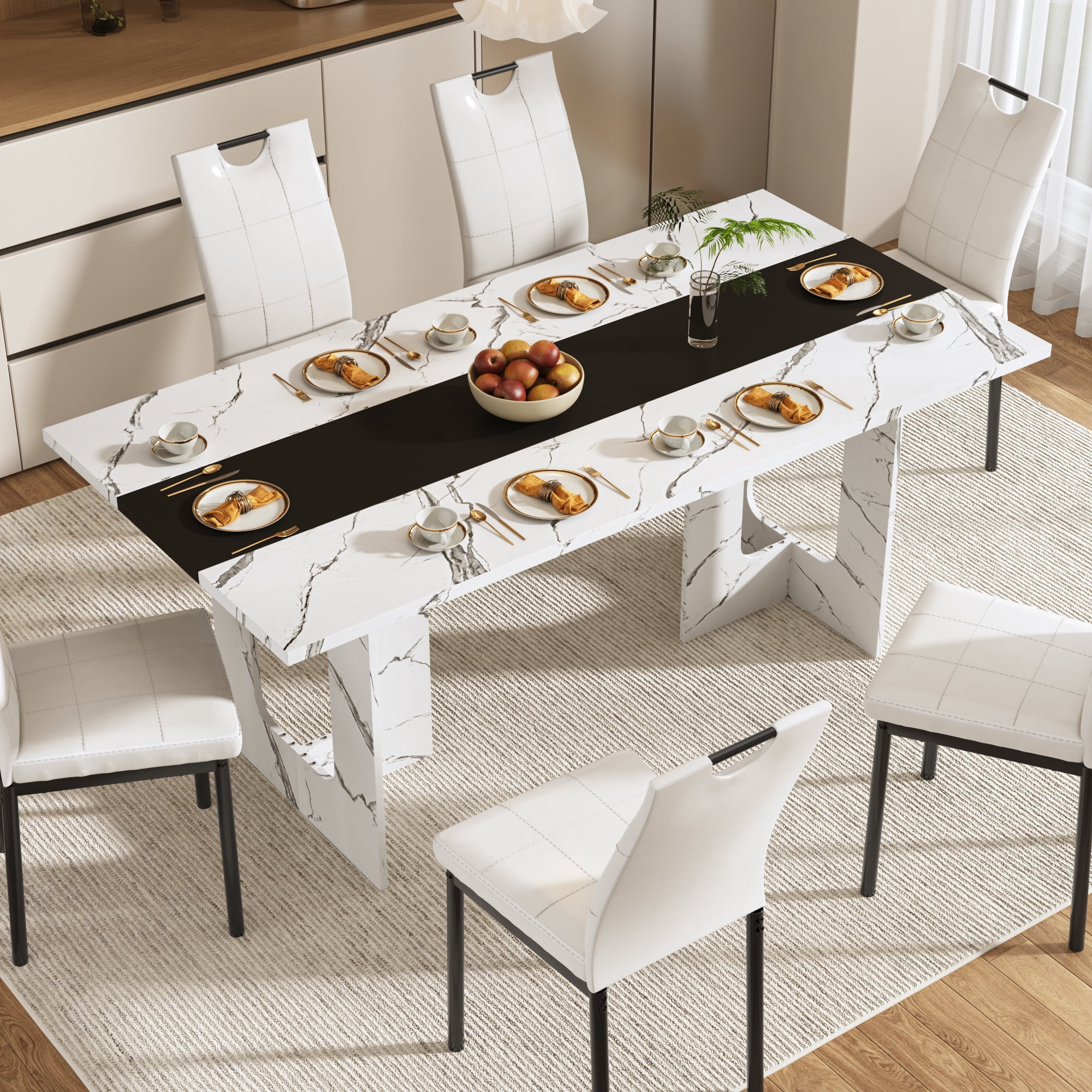 ANPOO 7 Piece Dining Table Set with 6 Chairs, 71" Kitchen Table & Chairs Set for 4-8 People, Rectangle Dining Table with Wooden Legs for Dining Room, Living Room