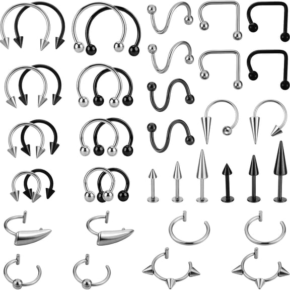 DESIGNICE 36Pcs 16G Lip Rings Stainless Steel Snake Bite Piercing Jewelry,Vertical Labret,Medusa Piercing Jewelry,Barbell Spike Helix Tragus Earrings Hoop,Horseshoe Septum,Nose Cartilage Piercings