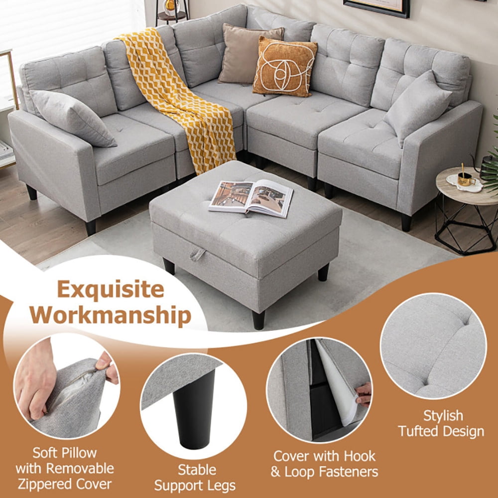Finihen L-shaped Sectional Sofa Couch, Upholstered L-shaped Sectional Couch, L-shaped Sectional Corner Sofa Set with Storage Ottoman, for Living Room, Gray Finihen L-shaped Sectional Sofa Couch, Upholstered L-shaped Sectional Couch, L-shaped Sectional Corner Sofa Set with Storage Ottoman, for Living Room, Gray