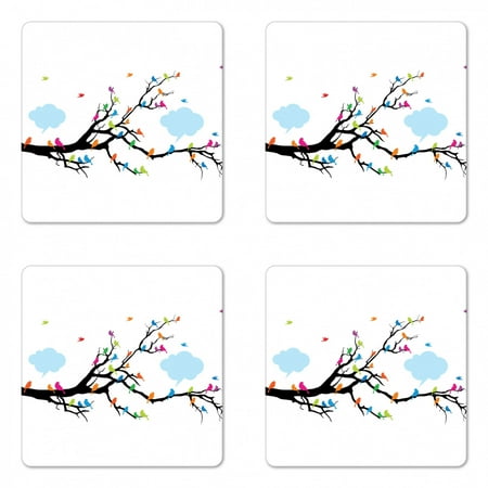 

Colorful Coaster Set of 4 Winged Birds Sitting and Tweeting on the Leafless Winter Tree with Fluffy Clouds Square Hardboard Gloss Coasters Standard Size Multicolor by Ambesonne