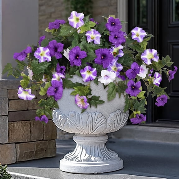 Scidweet Artificial Flowers for Outdoors, 2Pcs UV Resistant Faux Fake Petunias Silk Flower Plants for Home Garden Front Porch Indoor Decor, Purple White
