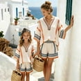 thumbnail image 2 of Girls Summer 2 Piece Outfits Striped V Neck 3/4 Sleeve Loose Fit Top and Elastic Waist Shorts Set Trendy Color Block Matching Sets Casual Resort Wear Beach Vacation Travel Outfits, 2 of 5
