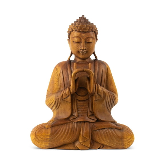 Wooden Serene Sitting Buddha "Uttarabodhi Mudra" Statue Handmade Meditating Sculpture Figurine Home Decor Accent Handcrafted Art Modern Oriental Decor Size: 12" tall x 10" wide x 5" deep