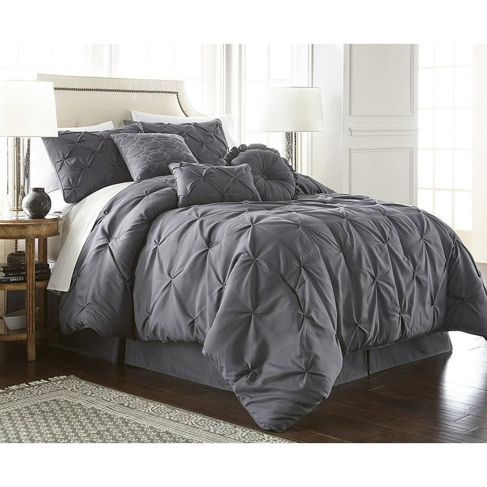 Chezmoi Collection Sydney 7Piece Pintuck Pinched Pleated Comforter Set, Gray/White, King