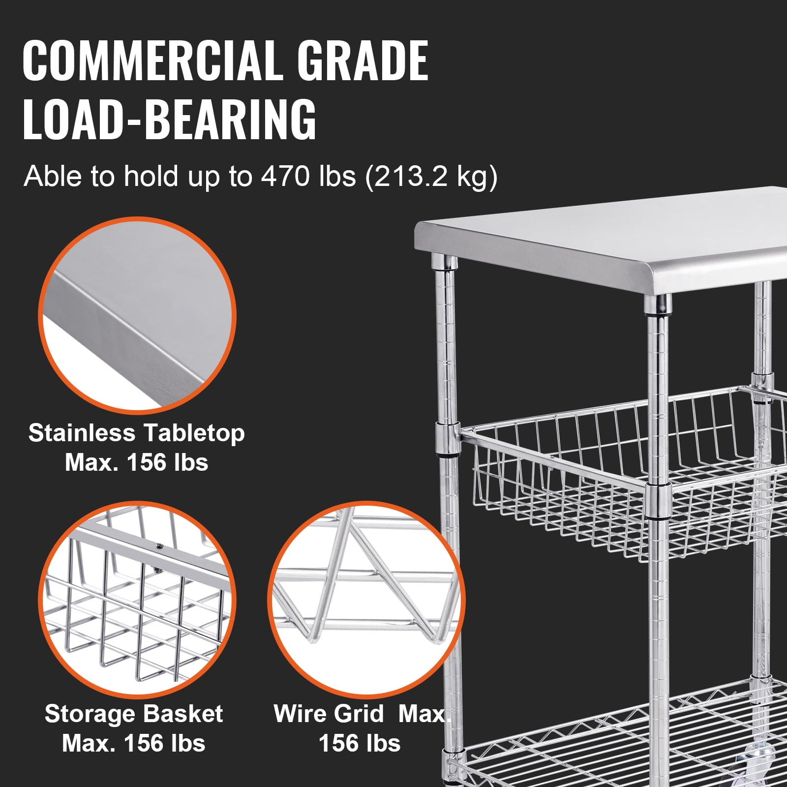 VEVOR Kitchen Utility Cart,3 Tiers, Wire Rolling Cart with 470LBS Capacity,Steel Service Cart on Wheels, Metal Storage Trolley with 76mm Basket Curved Handle PP Liner 6 Hooks, for Indoor and Outdoor