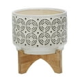 thumbnail image 5 of Ivory Ceramic Planter with Wooden Stand - Decorative Indoor/Outdoor Plant Pot - Modern Boho Home & Garden Decor - Stylish Round Flower Pot for Succulents & Herbs - 8", Ivory & Tan, 5 of 10