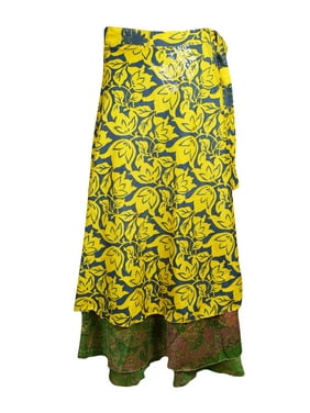 Mogul Women Yellow Floral Wrap Skirt 2 Layer Indian Vintage Sari Skirt Beach Wear Reversible Wrap Around Skirts One Size