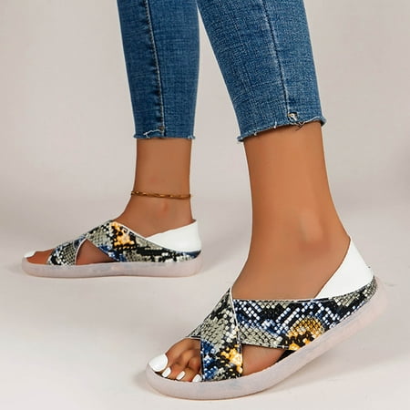 

Women s Fashion Leather Snake Print Cross Strap Rubber Bottom Flat Sandals