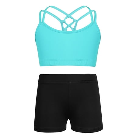 Venjoe Kids Girls Sports Dance Outfits Criss Cross Back Crop Top Bra with Shorts set Gymnastics Mint Green 10