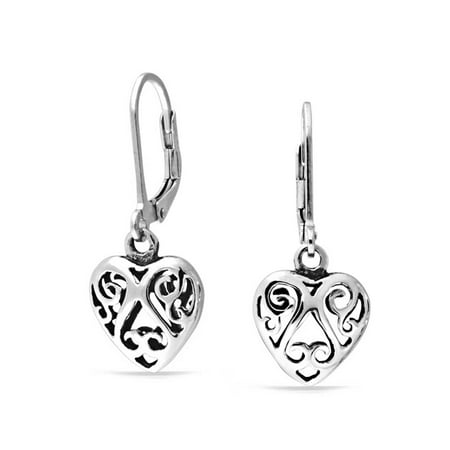 - Open Heart Shaped Filigree Swirl Leverback Dangle Earrings For Women Girlfriend Oxidized 925 Sterling Silver