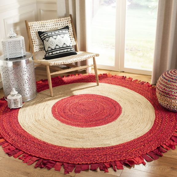 SAFAVIEH Cape Cod Susan Striped Area Rug, Red/Natural, 6' x 6' Round