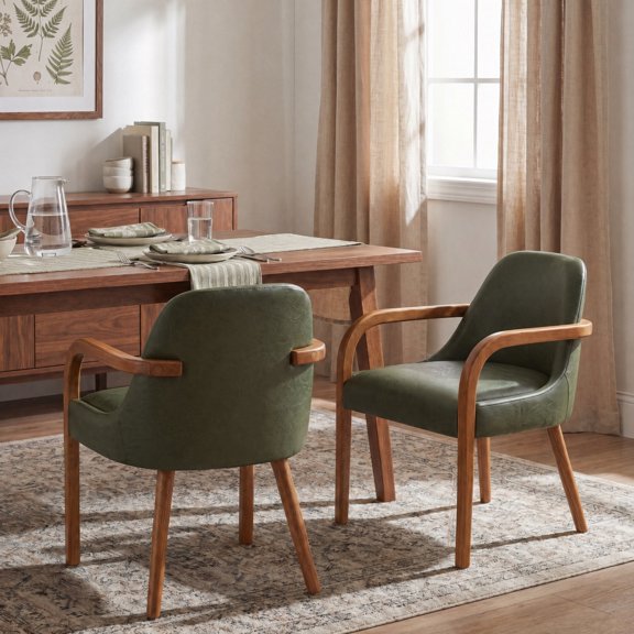 FFZ 32"Tall Set of 2 Mid-Century PU Dining Chairs with Rubber Wood Legs, Green Light Oak