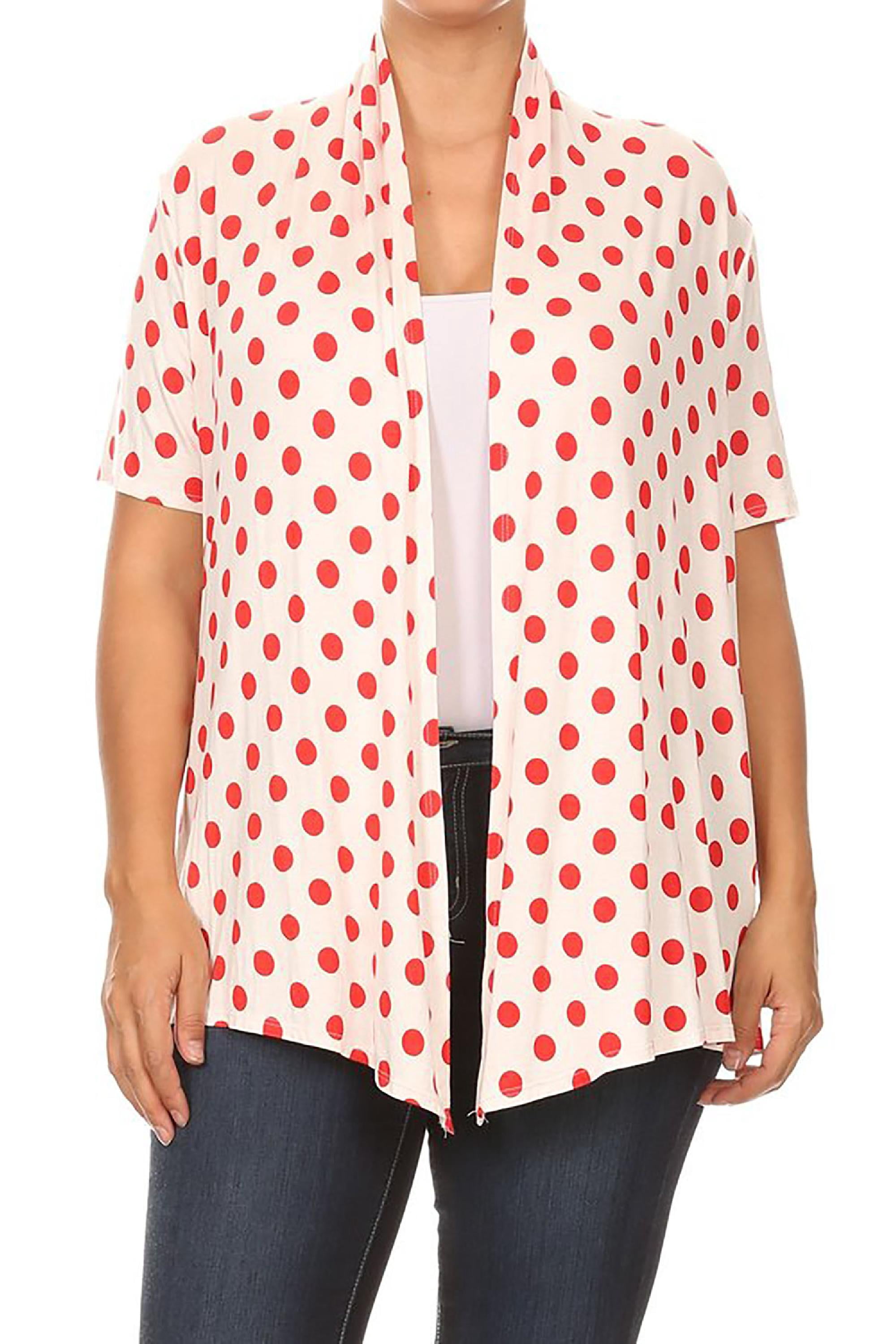 Moa Collection Women's Plus Size Short Sleeves Polka Dot Printed Cardigan 3X White in Red | Medium