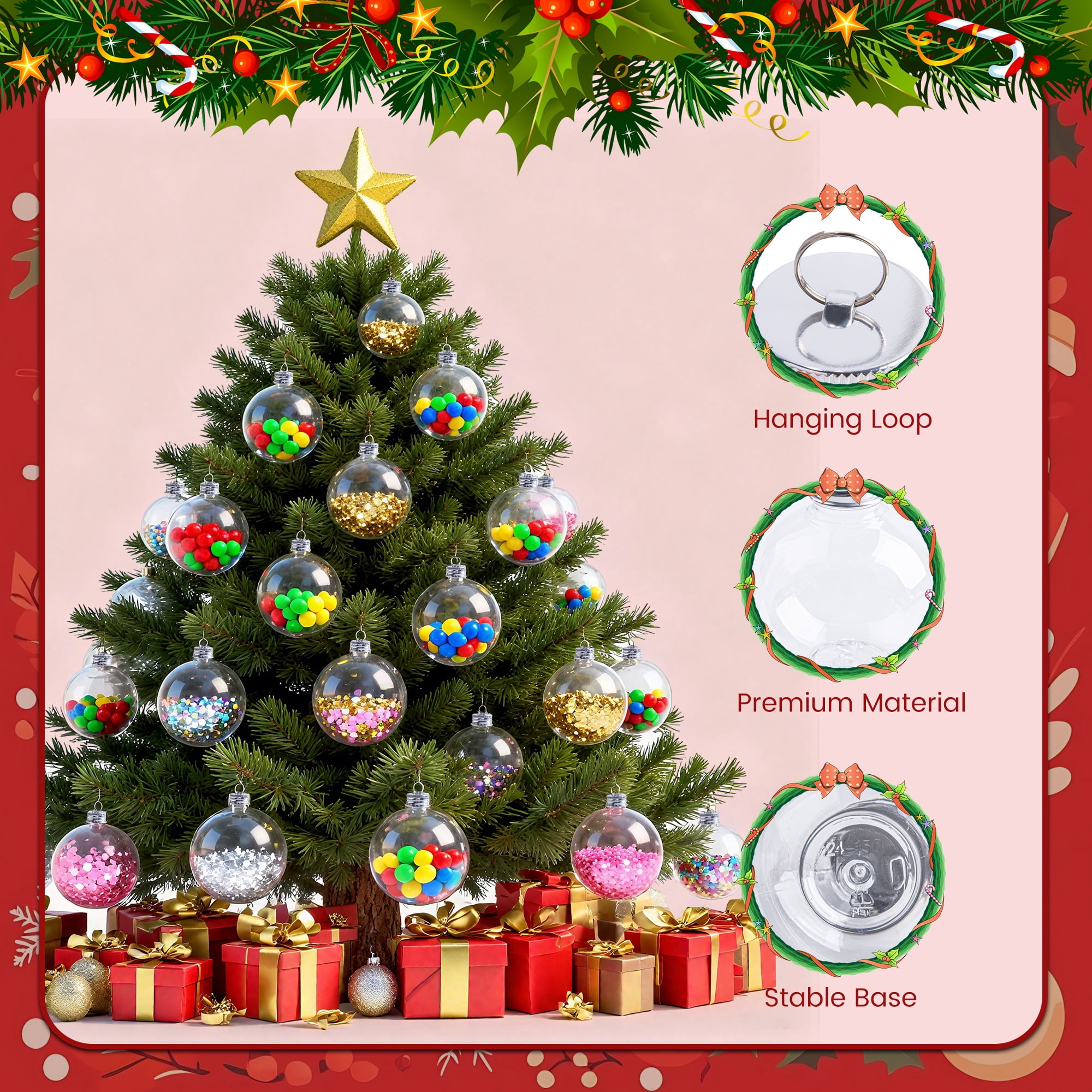 Fillable Christmas Ornament Balls for Drinks, 5 oz Plastic Bulb Ornaments, 6 Pack Hanging Tree Decor for Holiday Parties and Stocking Stuffers