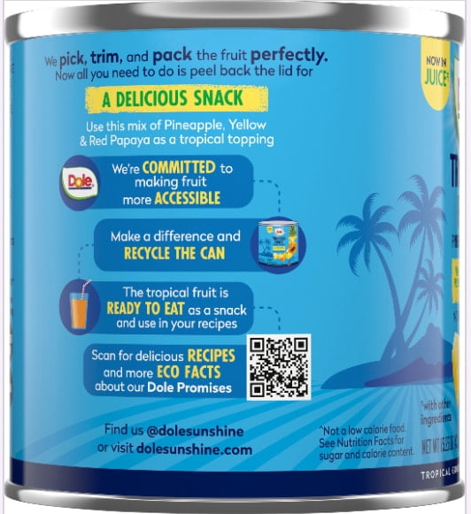 (12 pack) Dole Tropical Fruit, Pineapple and Papaya, No Sugar Added, 15.25 oz Can