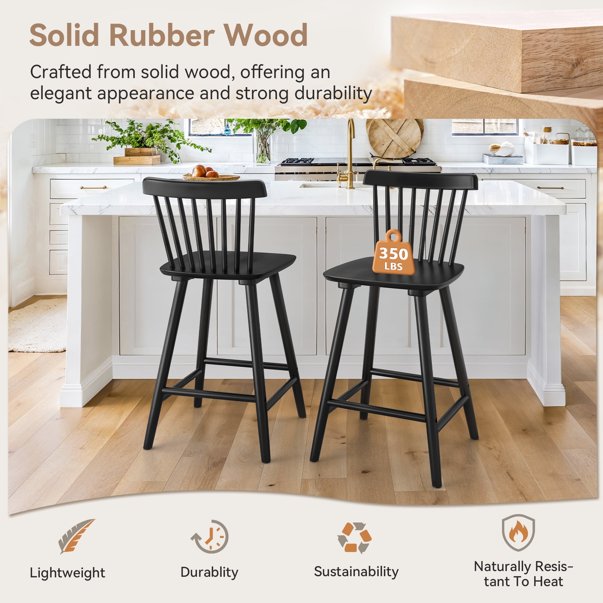 Dycanpo 24'' Windsor Wooden Counter Height Chairs Set of 3, Upgraded Farmhouse Bar Stools with Spinddle Back for Kitchen,Black