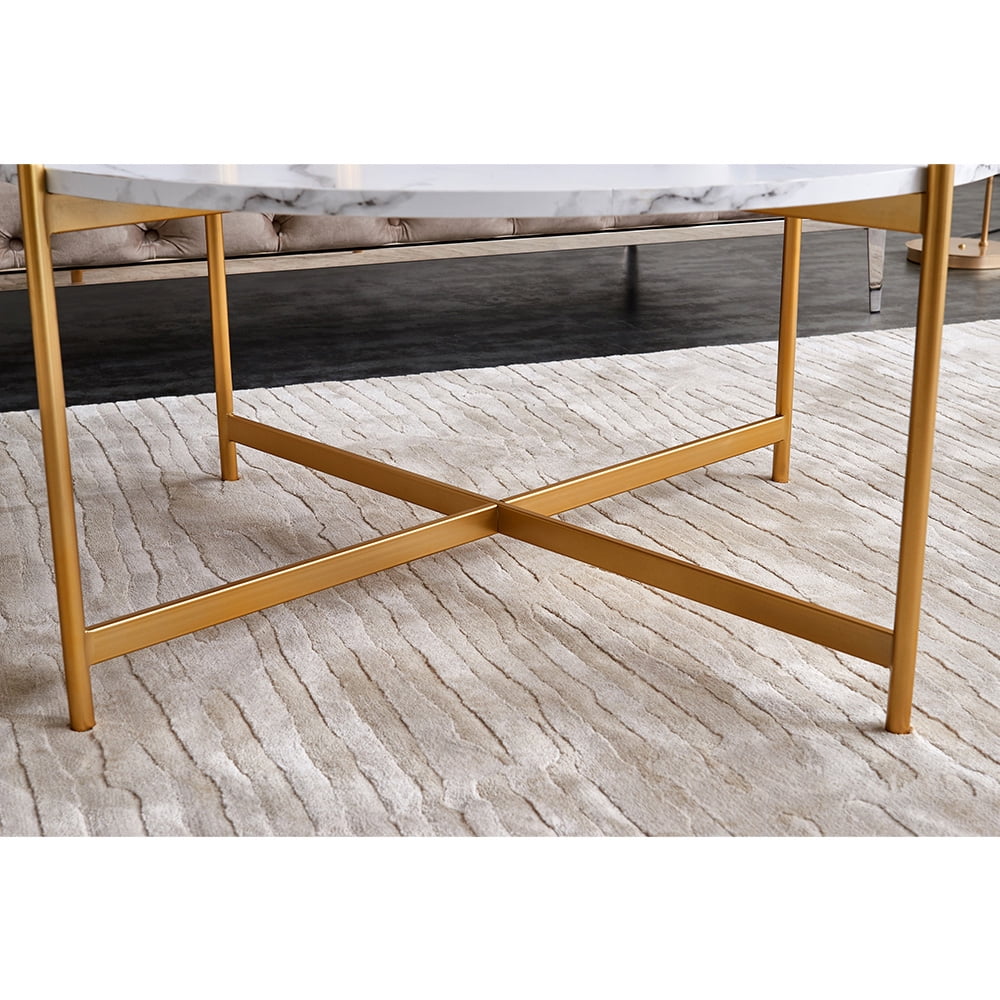 Private Jungle 32" Modern Round Coffee Table, Side End Table with Golden Color Frame and Wood Top
