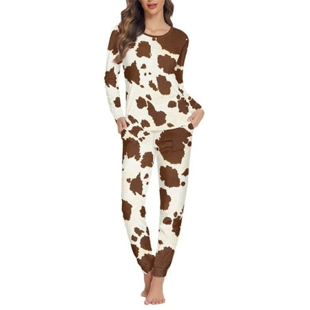 

FKELYI Brown Cow Print Pj Size XS Stretchy Vacation Women Sleepwear Set 2-Piece Leisure Long Sleeve Pajamas for Women