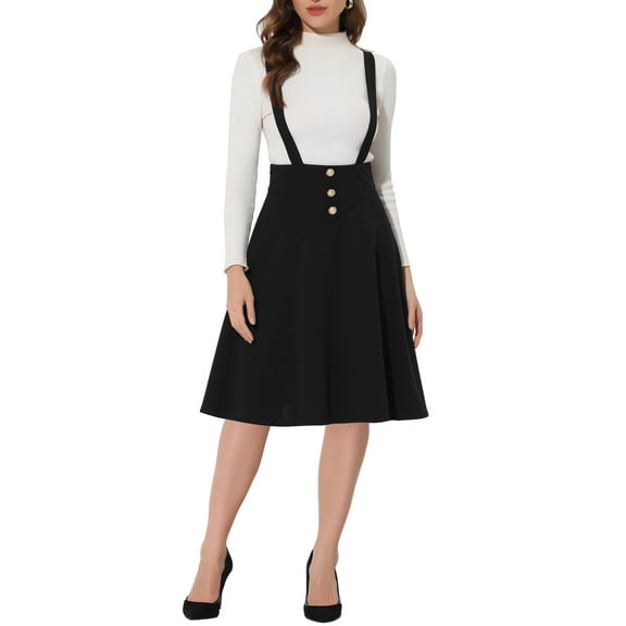 INSPIRE CHIC Women's Button Decor Solid Color Overall Dress Flared Midi Suspender Skirt Black XS