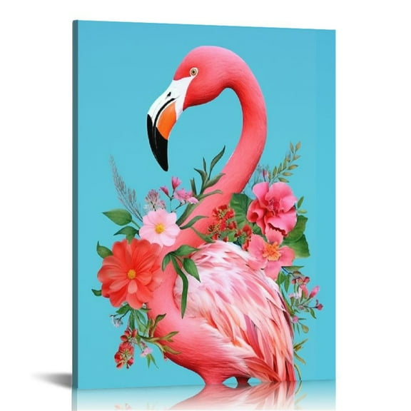 COMIO Pink Flamingo Canvas Poster Painting Bathroom Wall Art, Floral Crown Flamingo Picture Artwork Framed Print Ready to Hang for Home Wall Decor 12 x 16 Inch